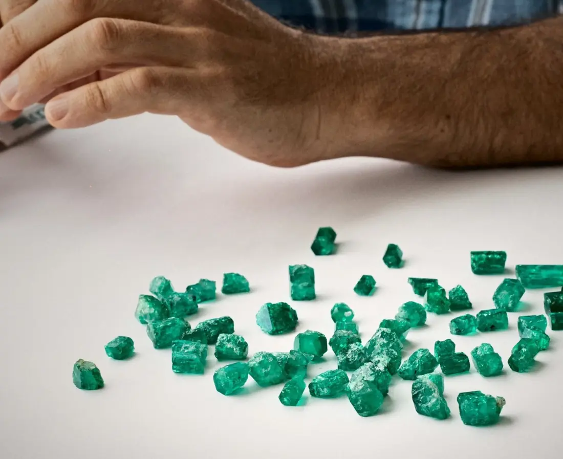 A hand with a loupe over a parcel of rough emeralds on white paper